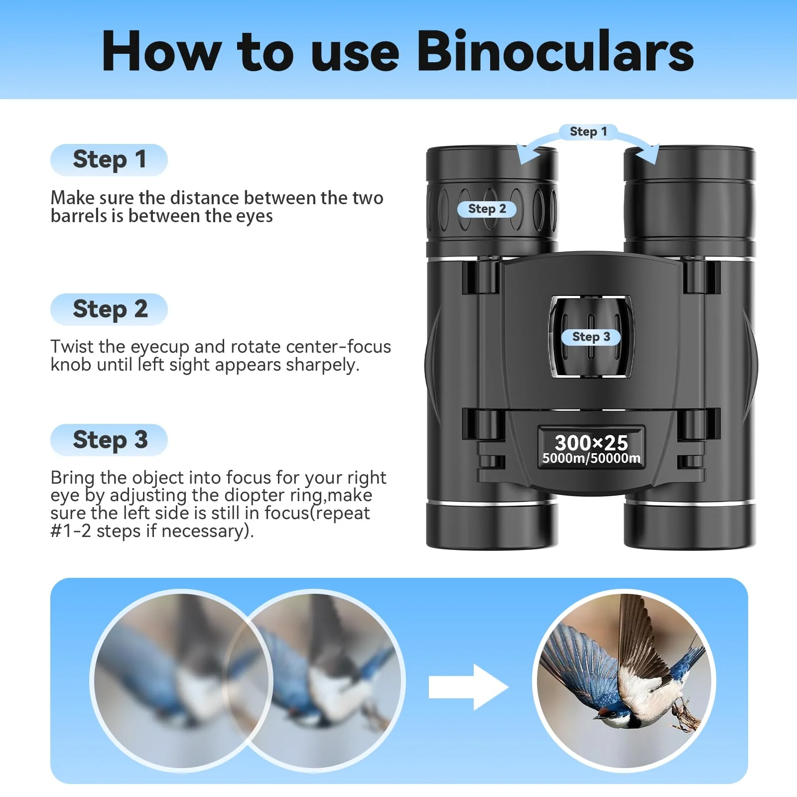 300x25 Binoculars for Adults and Kids, High Powered Mini Pocket Binoculars with Phone Adapter, Waterproof Compact Binoculars for Bird Watching, Hunting, Concert, Theater, Opera, Traveling, Sightseeing Black - Image 5